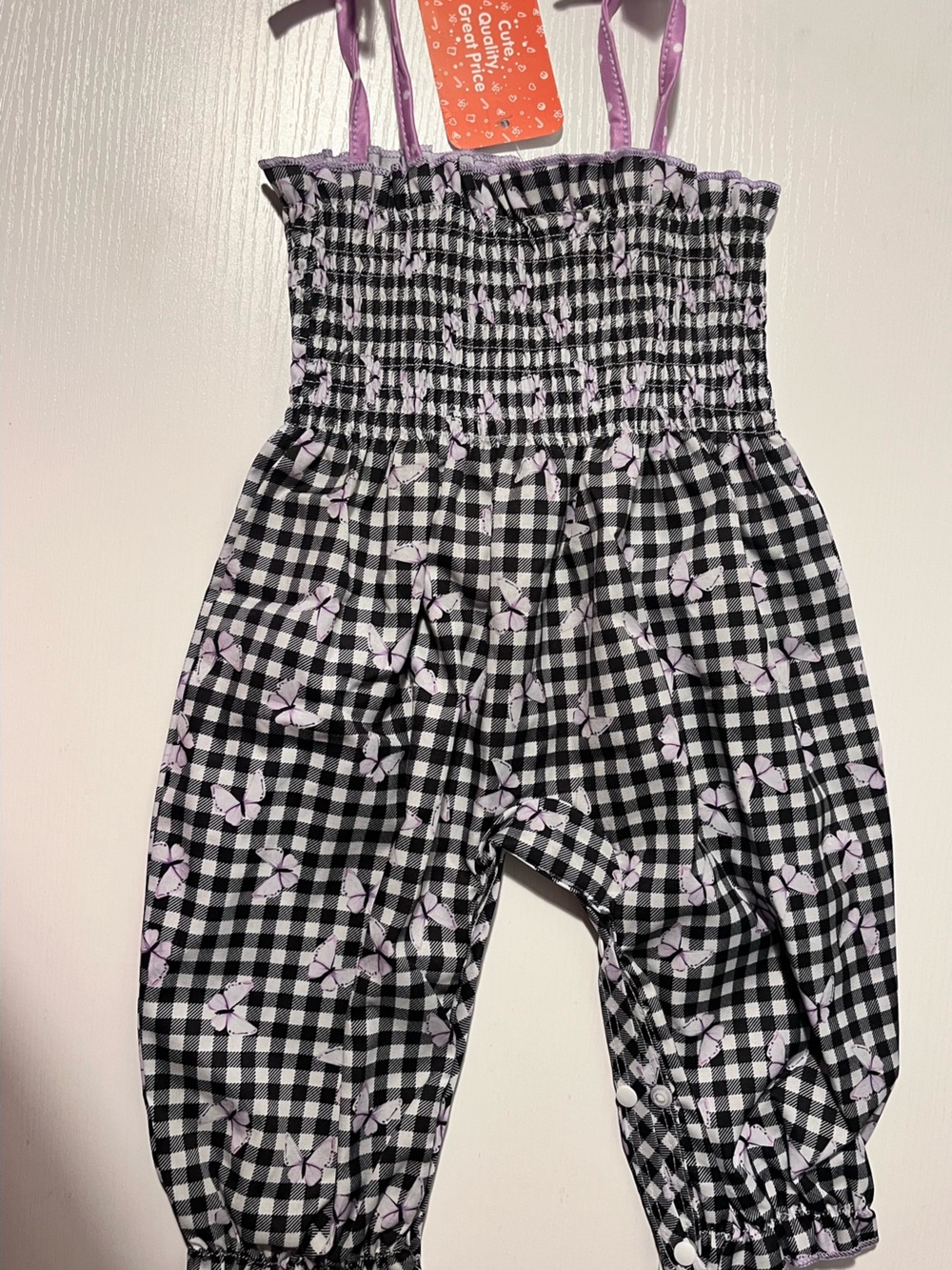 Gingham Smocked Sleeve Top with Lilac Floral Bow Print